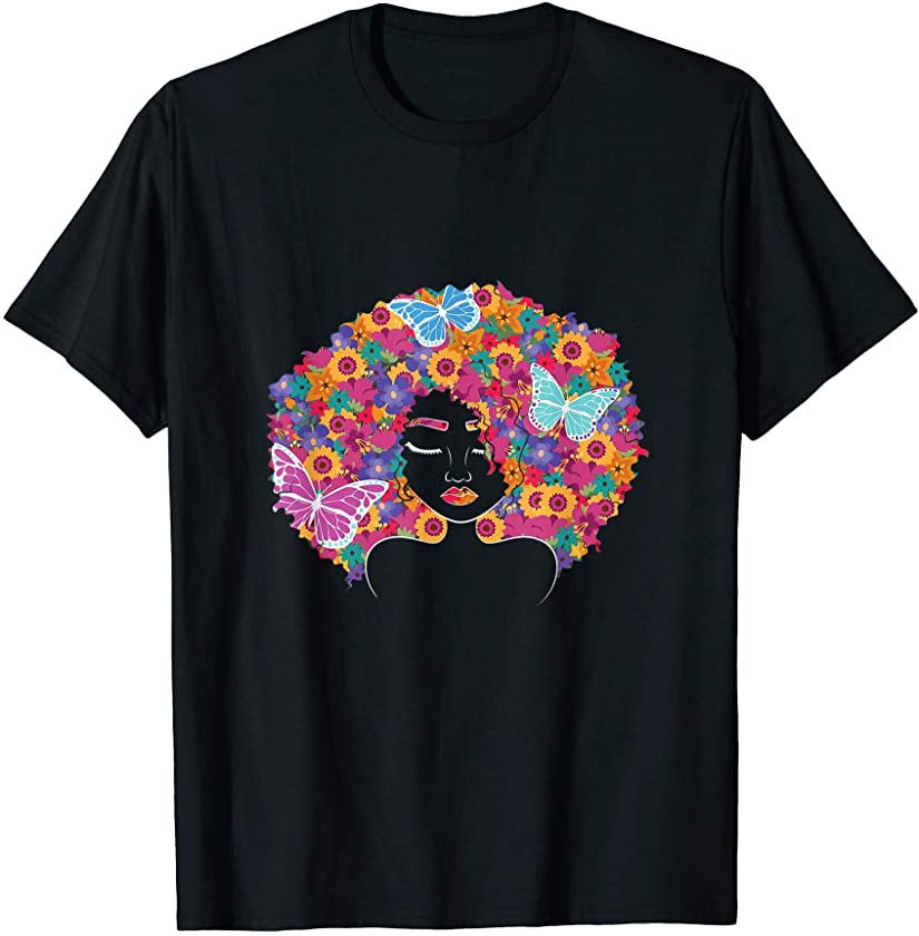 Strong Black Woman Afro butterfly Art Collage Hair Melanin T-Shirt