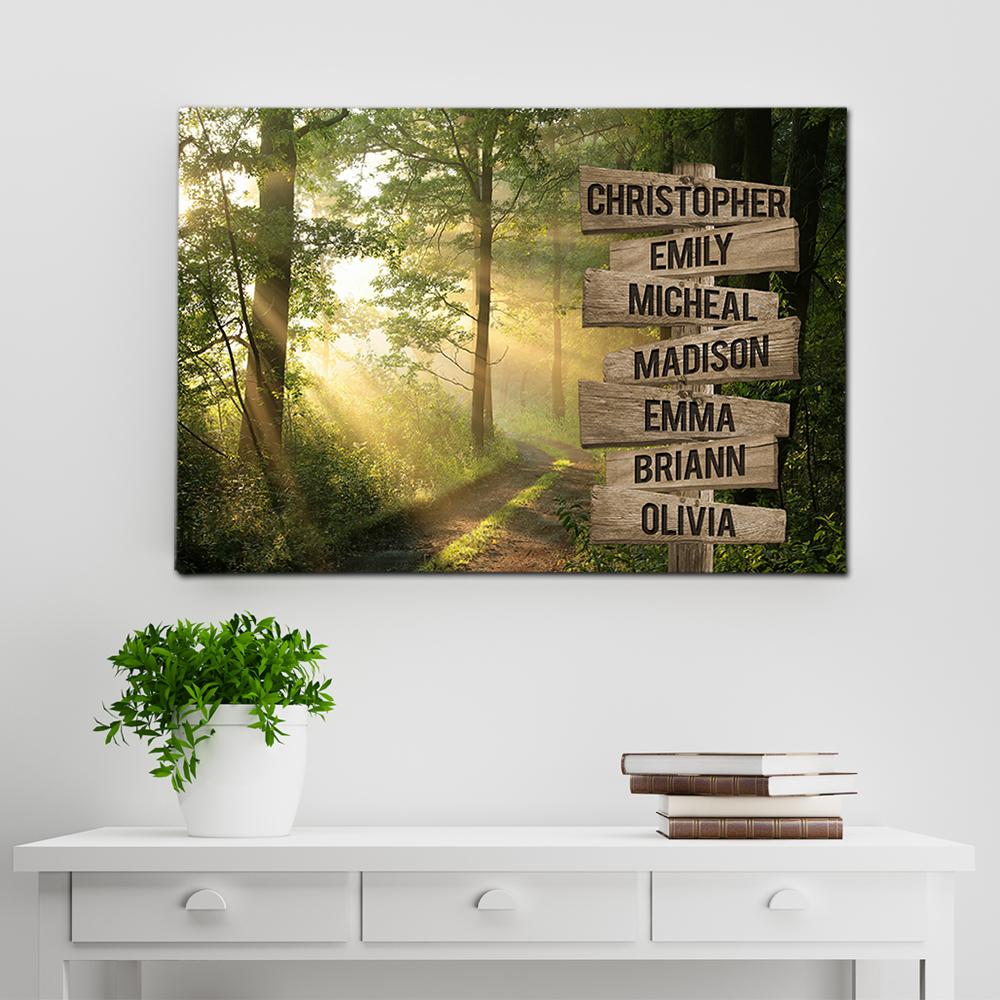 Sunshine Through Forest Multi Names Premium Canvas Crossroads Personalized Canvas Wall Art – Family Street Sign Family Name Art Canvas For Home Decor