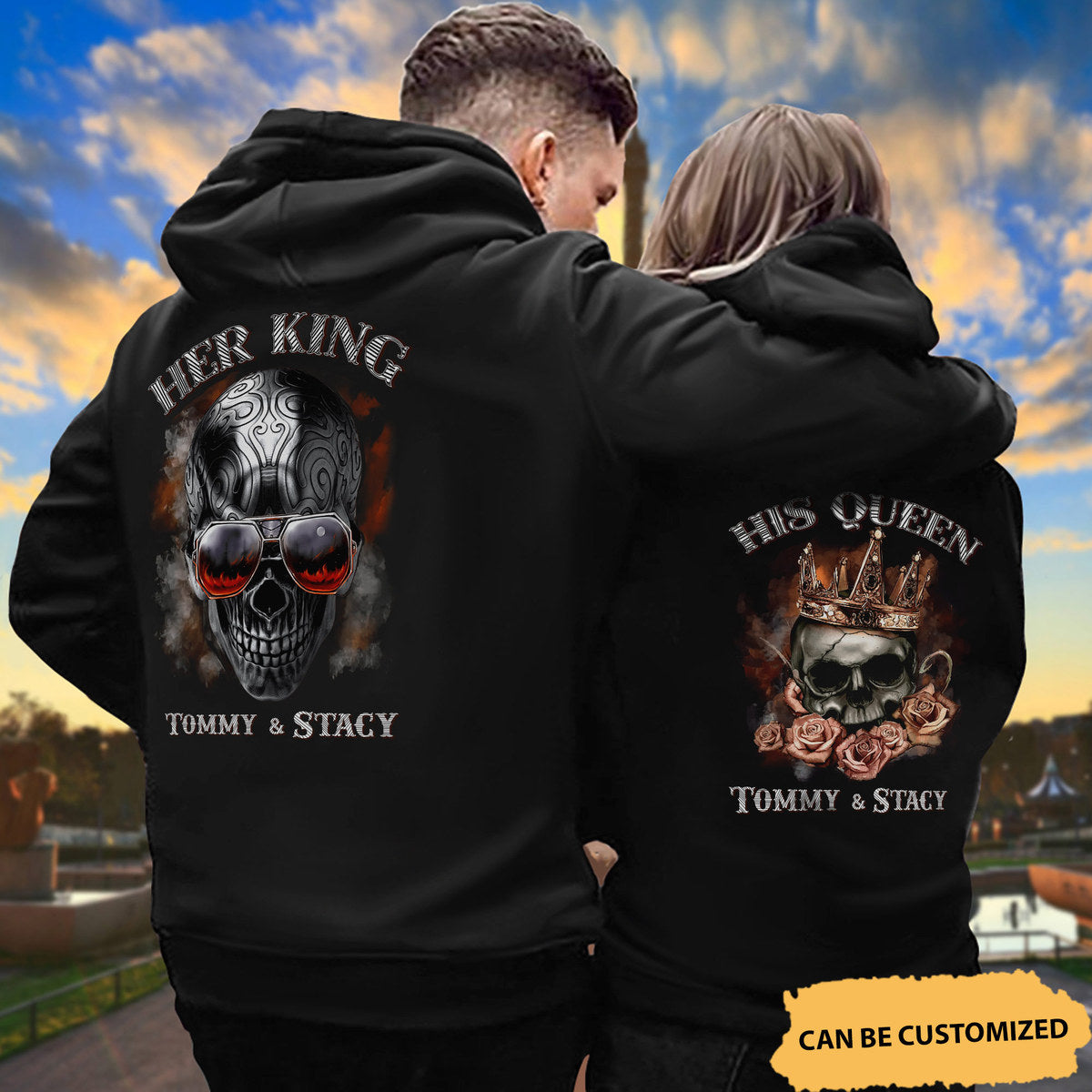 Personalized Her King His Queen Hoodie, Custom Skull Couple Hoodie, Couple Hoodie, Husband Wife Hoodie, Skull Hoodie, Unisex Sweater, Sweatshirt