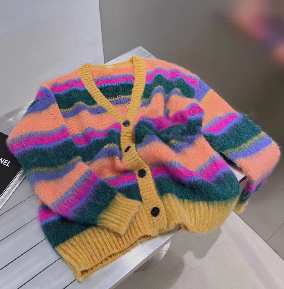 Unisex Sweater 2022 Early Autumn Colorblock Striped Mohair Blend Knit Casual Loose and Thin Pullovers alx