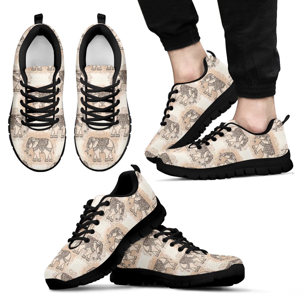 Indian Tribal Elephant Print Black Sneaker Shoes For Men Women