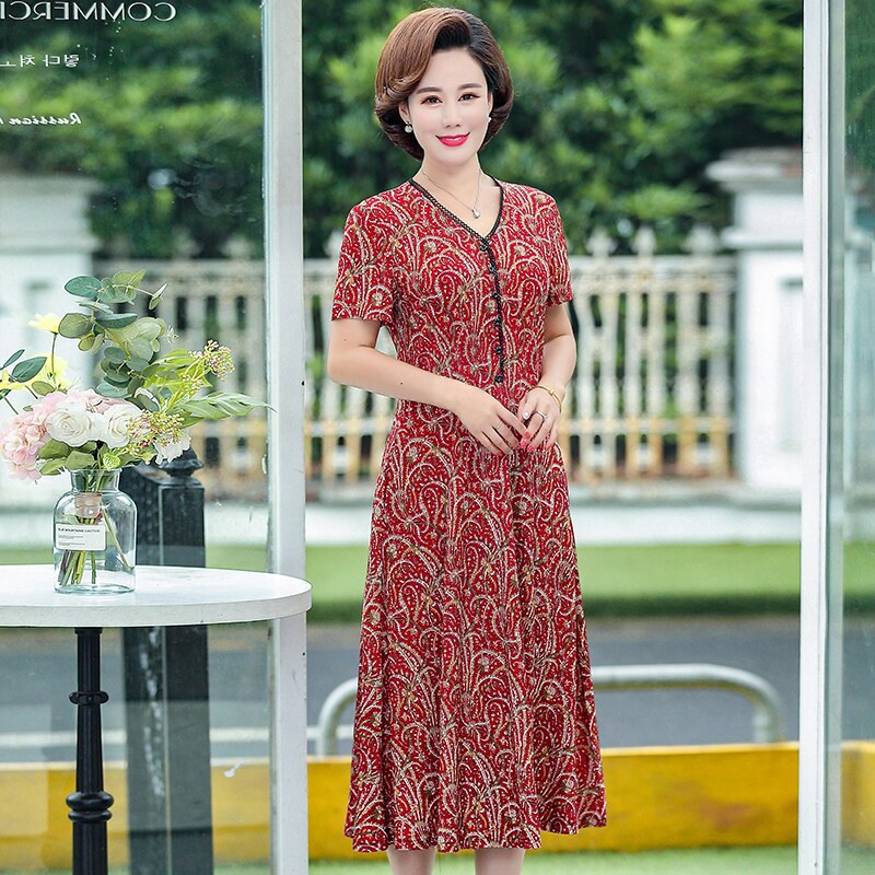 2022 Summer Bohemian Dress Women Casual V-Neck Print Vintage Dress Ladies Mid-Calf High Waist Summer Dresses Elegant alx