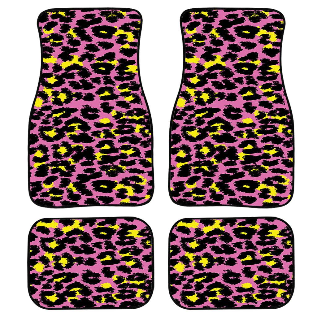 Pink And Yellow Leopard Print Front And Back Car Floor Mats, Front Car Mat