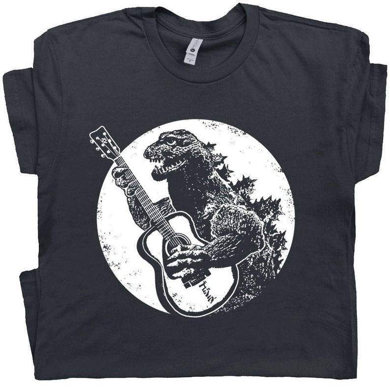 Guitar T Shirt Funny Vintage Guitar Shirt Godzilla Playing Guitar Cool Graphic Tee Acoustic Electric Bass Player For Men Women Rock Band