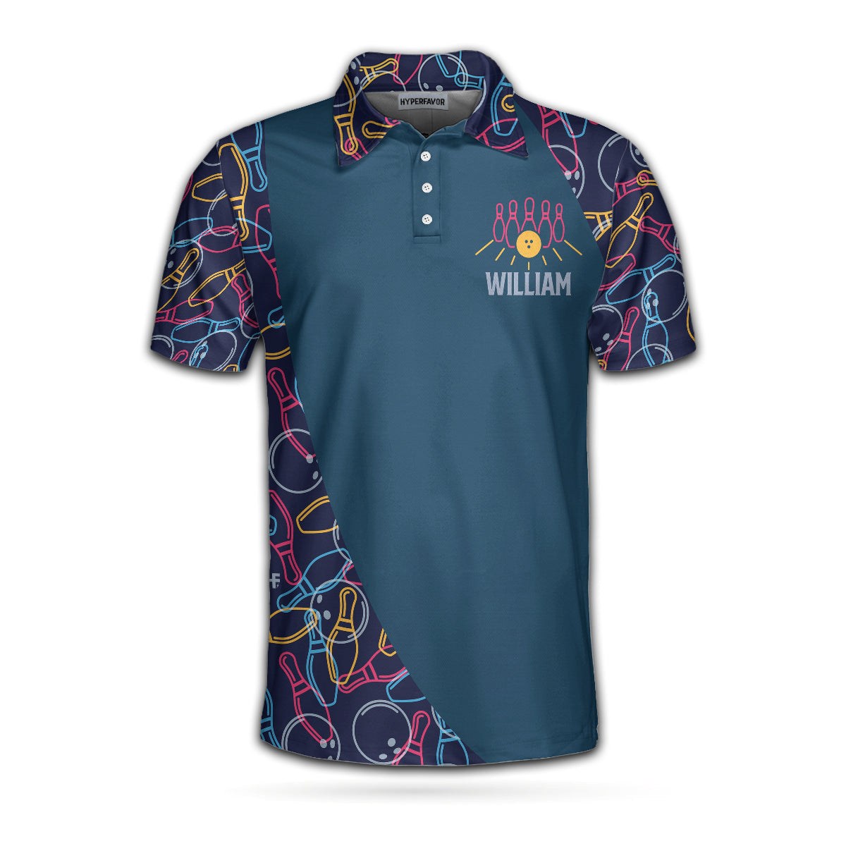 Personalized Bowling Ball Neon Pattern Custom Polo Shirt, Blue Bowling Polo Shirt For Male Bowlers Coolspod