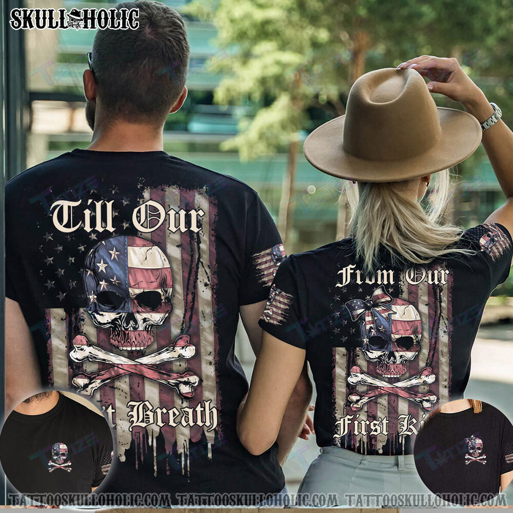 Matching Couple Shirt American Skull Bones First Kiss Last Breath Couple 3D All Over Printed Shirt, Sweatshirt, Hoodie, Bomber Jacket Size S – 5Xl