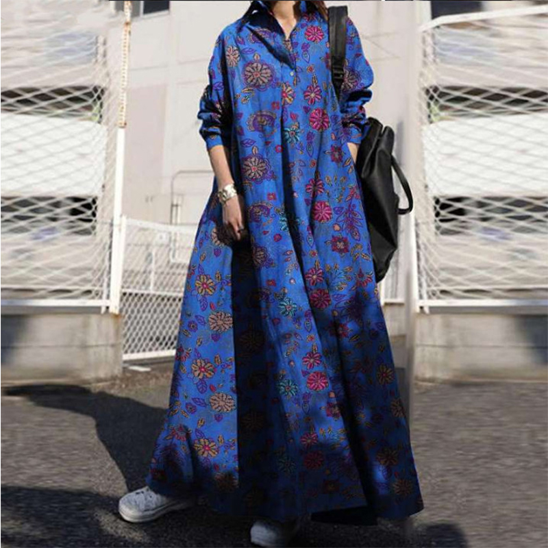 2021 Spring Autumn Sundress Vintage Women Floral Printed Maxi Long Dress Casual Long Sleeve Loose Vestidos Robe Kaftan Dresses alx