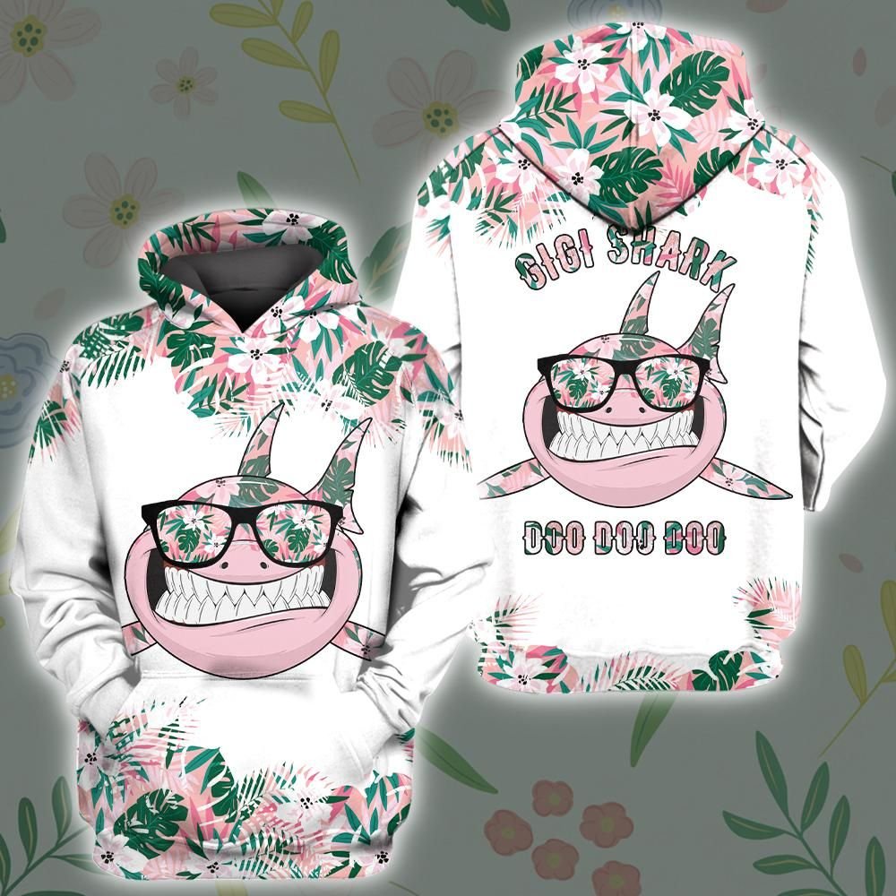 Shark Hoodie Gigi Shark Doo Doo Doo Glasses Shark Flower Pink White Hoodie Shark Week Gift Adult Full Print