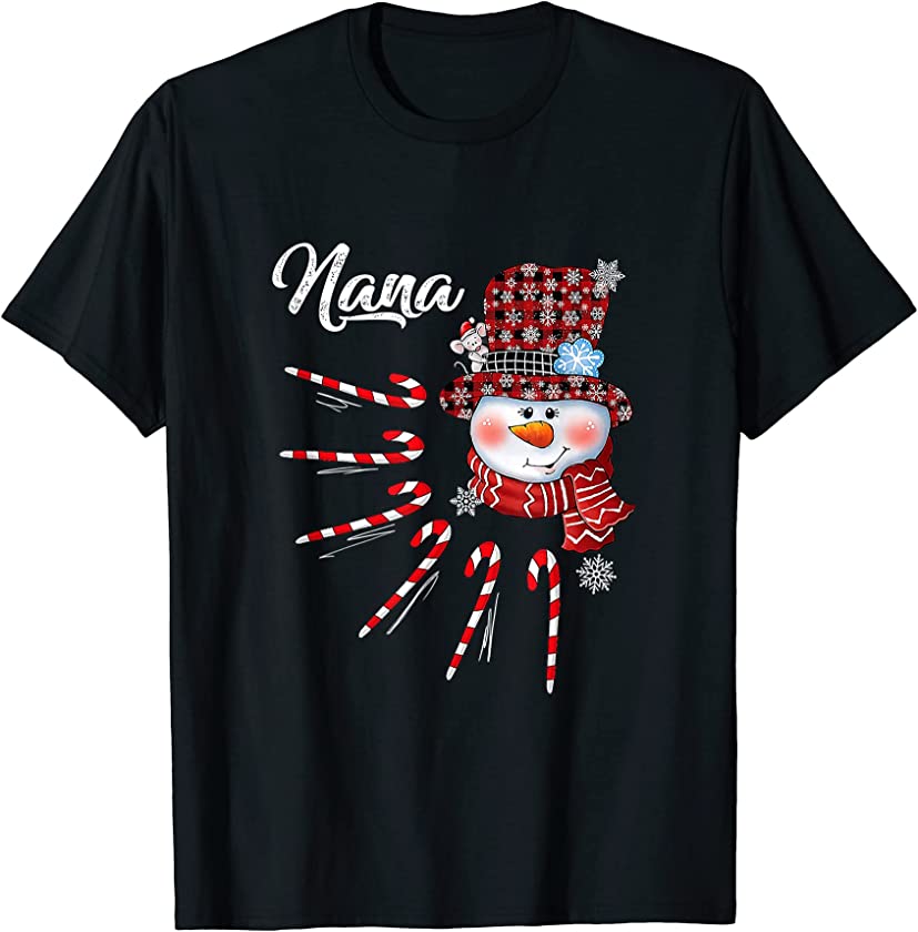 Nana Snowman Candy Cane Christmas Red Plaid Hat T-Shirt