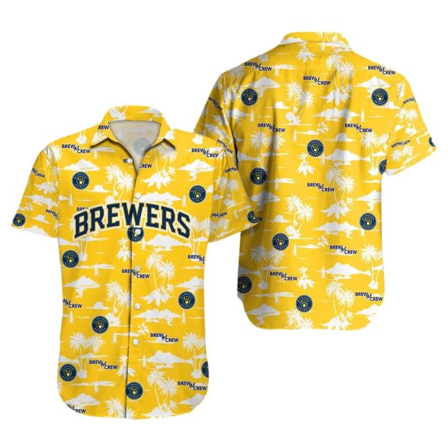 Milwaukee Brewers Hawaiian Shirt Yellow Palm Tree Design