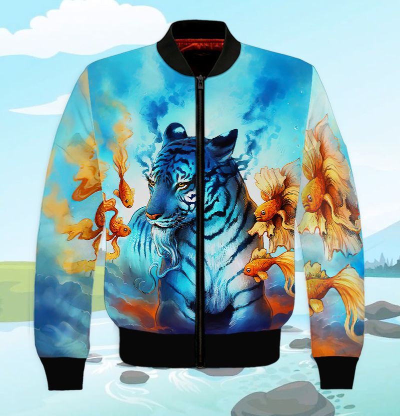 Blue Tiger With Goldfish 3D Full Print Bomber