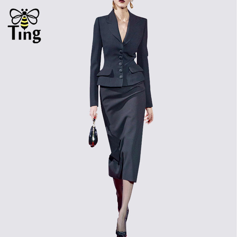 Tingfly Runway Designer Notched Collar Blazer Coat & Bodycon Midi Skirts Women Fashion 2 Pcs Sets Women Office Work Dress Sets alx