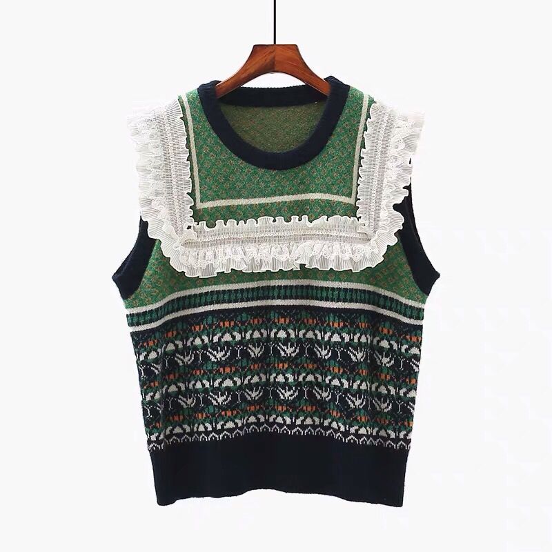 Women Sweater Vest Vest/Pullover Green Rhombus Jacquard Geometry Ruffled Knitwear Women’s Sweater alx