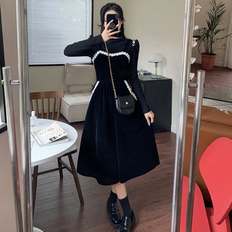 2 Pieces Sets Women Autumn French Style Young Black Spaghetti Strap Midi Slit Dress + Turtleneck Long Sleeve T-shirts All-match alx