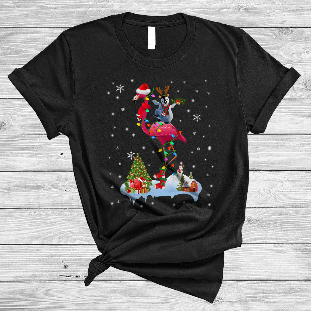 Reindeer Penguin Riding Santa Flamingo Funny Christmas Lights Pajama Lover Gifts T-Shirt