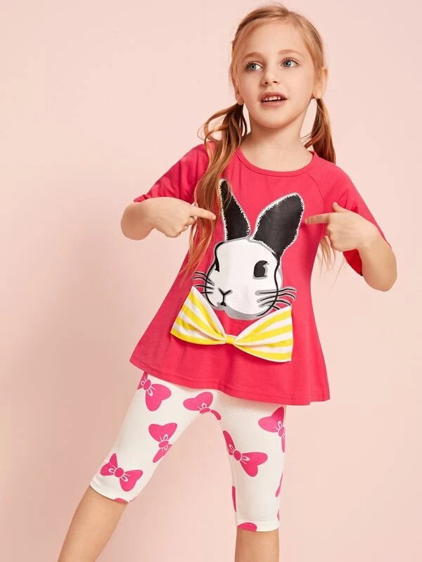 Toddler Girls Rabbit Print Bow Front Tee With Leggings