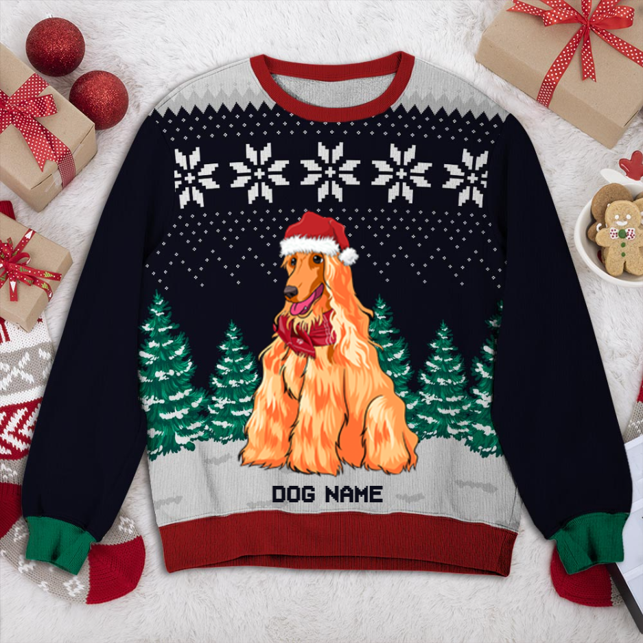 Afghan Hound Dog And Christmas Tree Personalized Sweater, Dog Ugly Christmas Sweater