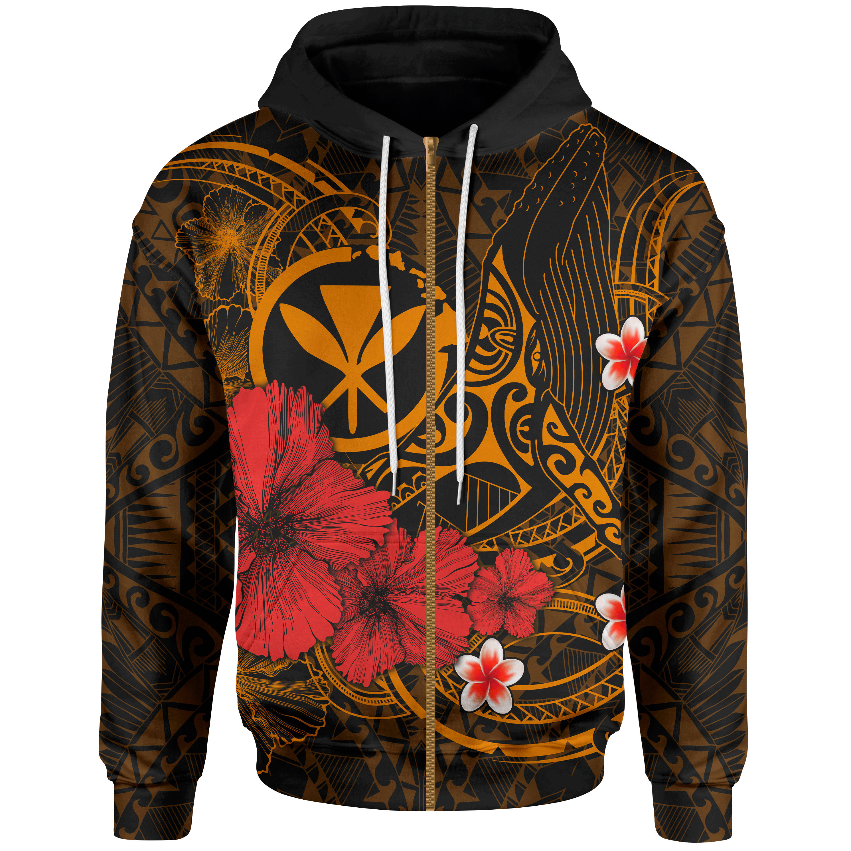 Polynesian Hawaii  Kanaka Maoli Zip-Up Hoodie – Humpback Whale with Hibiscus (Golden) – Pacific Print Hoodie