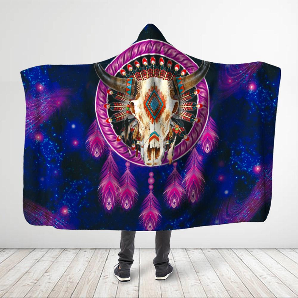 ViticStore™ Native Buffalo 3D All Over Printed Buffalo Skull With Galaxy Purple Dreamcatcher Hooded Blanket