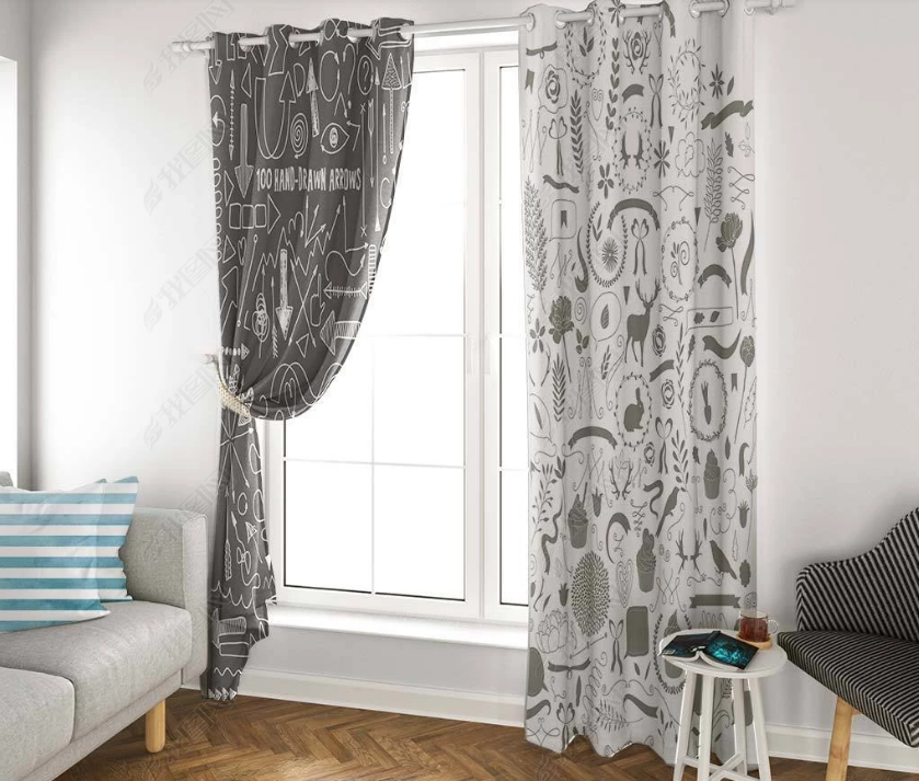 3D Hand Drawn Animal Grey Leaf Curtains And Drapes Lqh 195