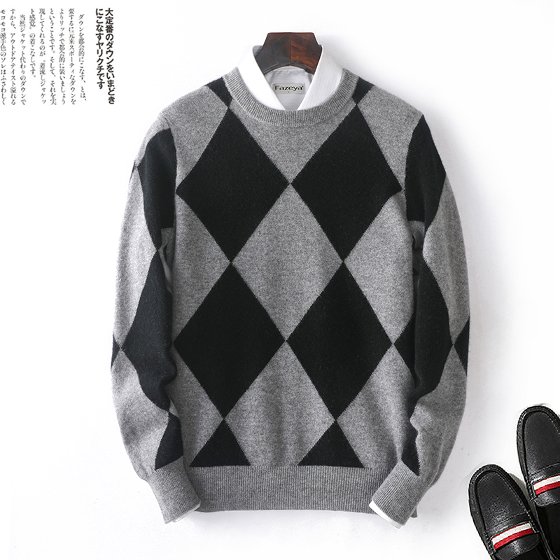 100% Merino Cashmere Sweater Men’s Round neck Pullover Stitching Fashion Pullover Autumn and Winter Thick Knitted Large Size Top alx