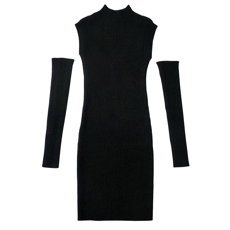 Vintage Hepburn Style Half Turtleneck Black Sleeveless Knitted Tank Dress with Sleeves Sexy Package Hip Bodycon Dresses Womens alx