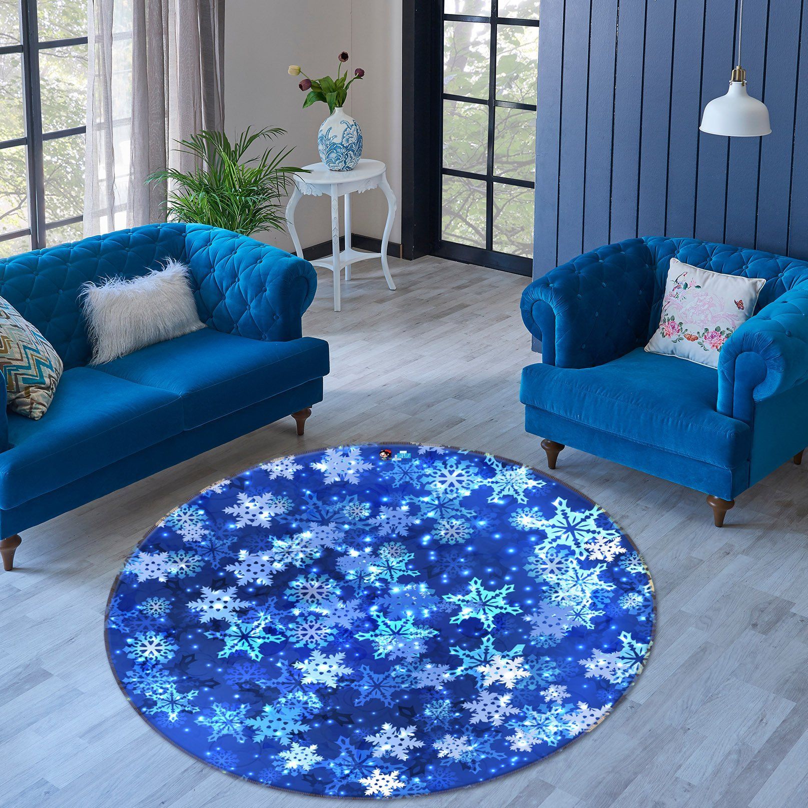 3D Blue Snowflakes 54158 Christmas Round Rug – Round Carpet Home Decor Xmas