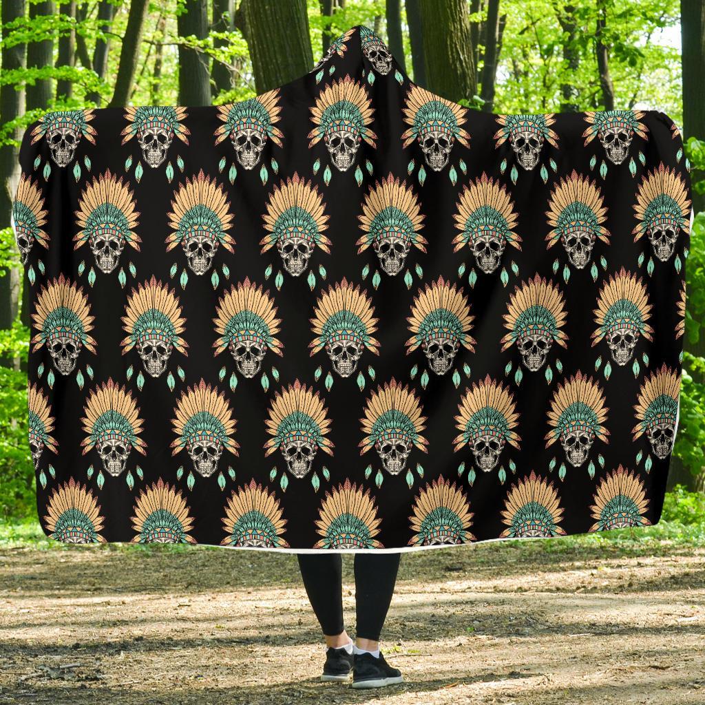 American Indian Skull Pattern Hooded Blanket