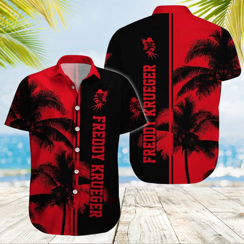 Red Palm Tree Halloween Freddy Krueger Characters Button Shirt