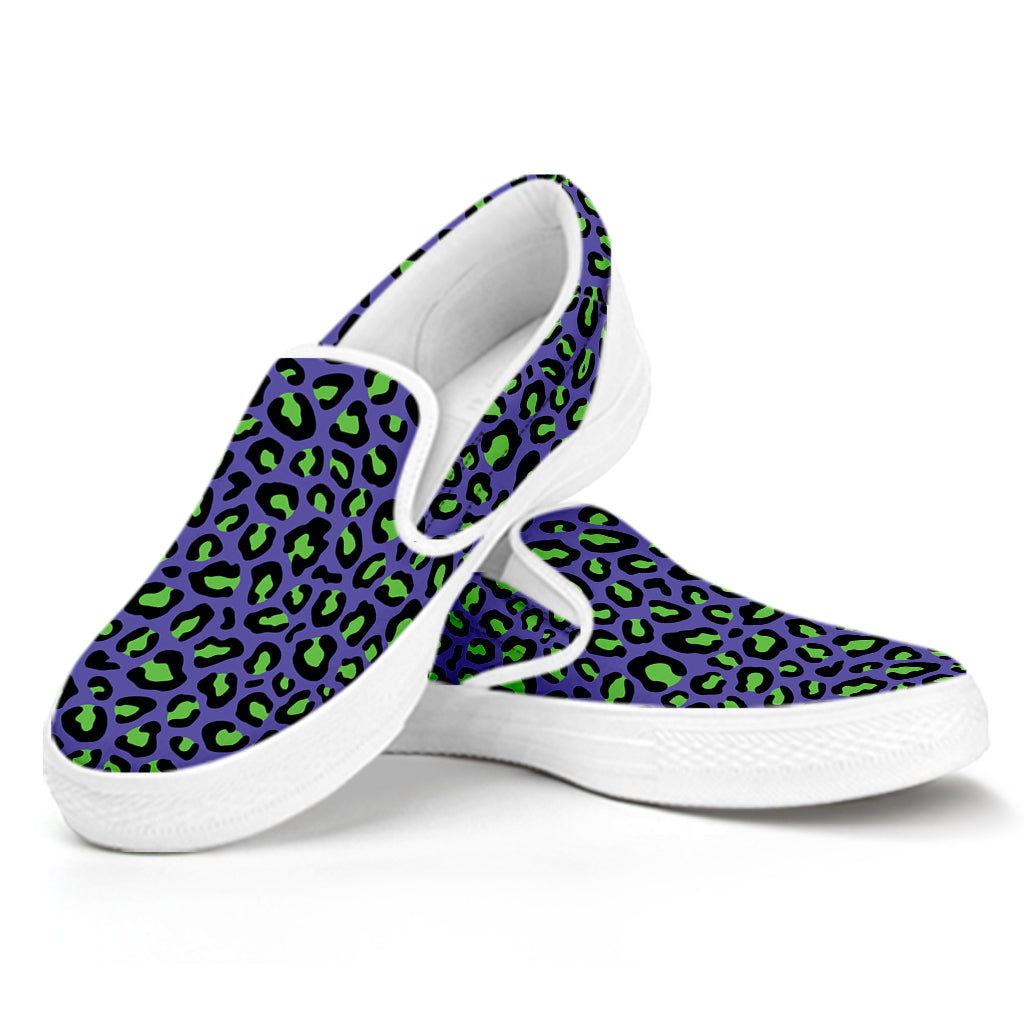 Purple And Green Leopard Pattern Print White Slip On Shoes