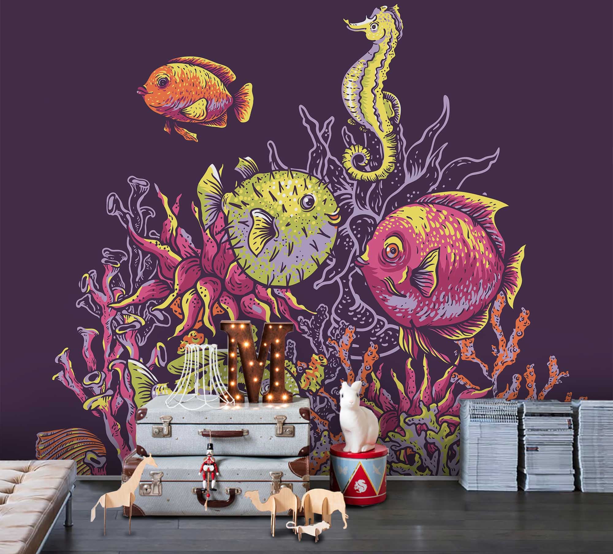 3D Freehand Marine Animals Fish Conch Red Yellow Wall Mural Wallpaper Zy D75