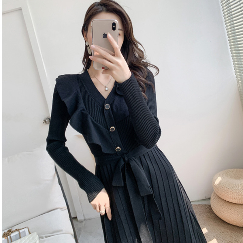 Autumn Knitted Dress Women Ruffle V-neck Knitted Dress Femmel Winter Skirt New French Wool Dress Leisure Warm Soft Leisure Part alx