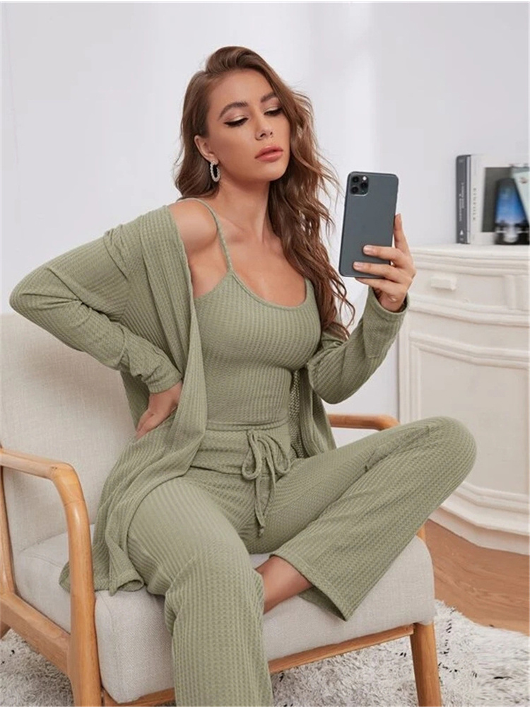 Womens 3 Piece Outfits Sweater Sets Pajama Lounge Set Waffle Ribbed Knit Crop Top+Long Pants+Coat Matching Suits Home Suits alx