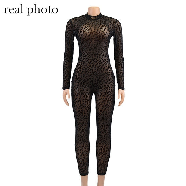 Bodystocking Leopard See Through Velour Long Sleeve Rompers