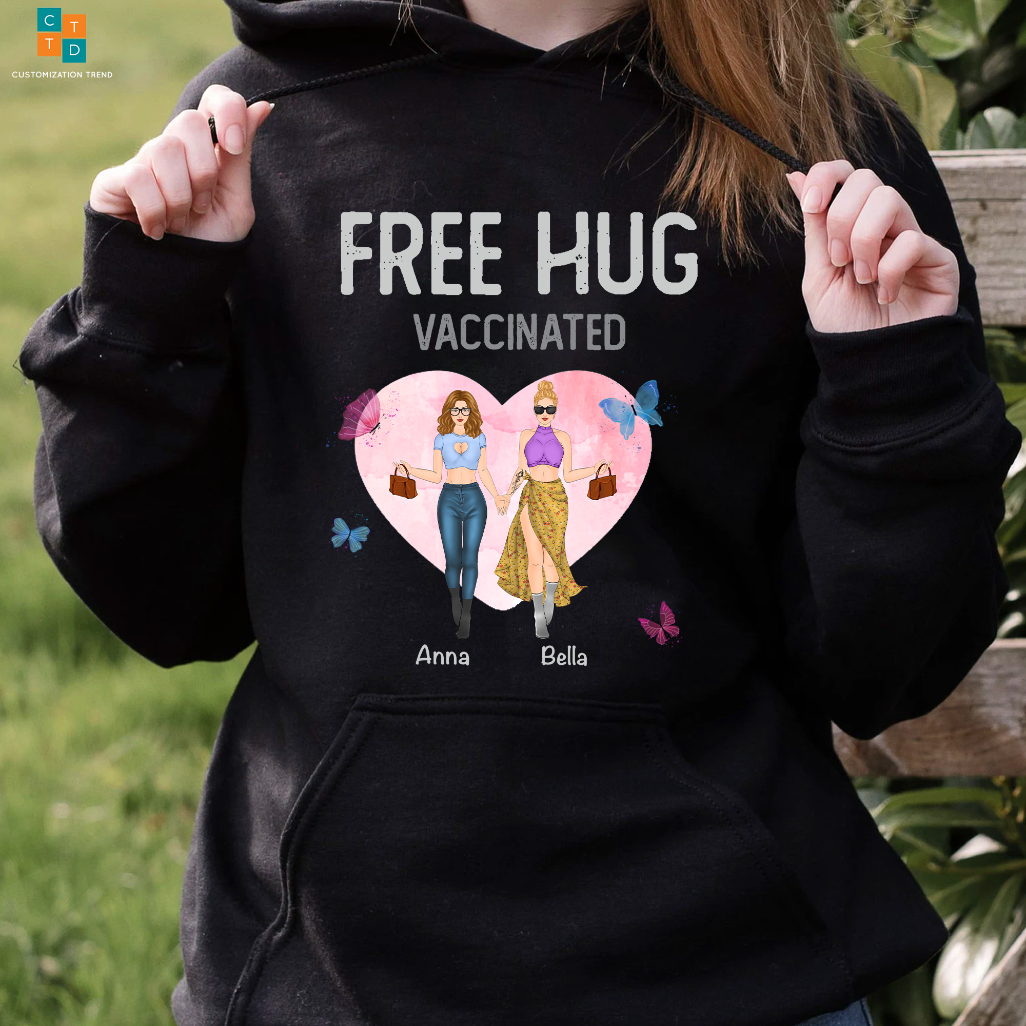 Personalized Pretty Girl W Bag Free Hug Vaccinated Hoodie, Shirt, Custom Friend, Besties, Sister Hoodie Shirt