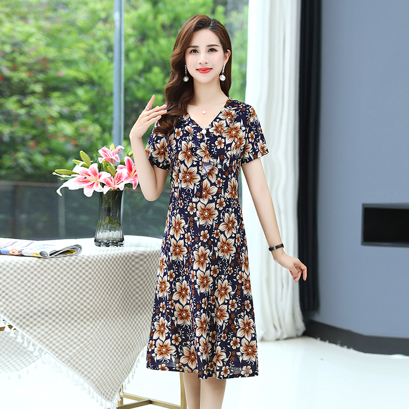 Vintage Printed V Neck Summer Dress Women Casual Short Sleeves A Line Sashes Elegant Dresses Female Vestidos alx