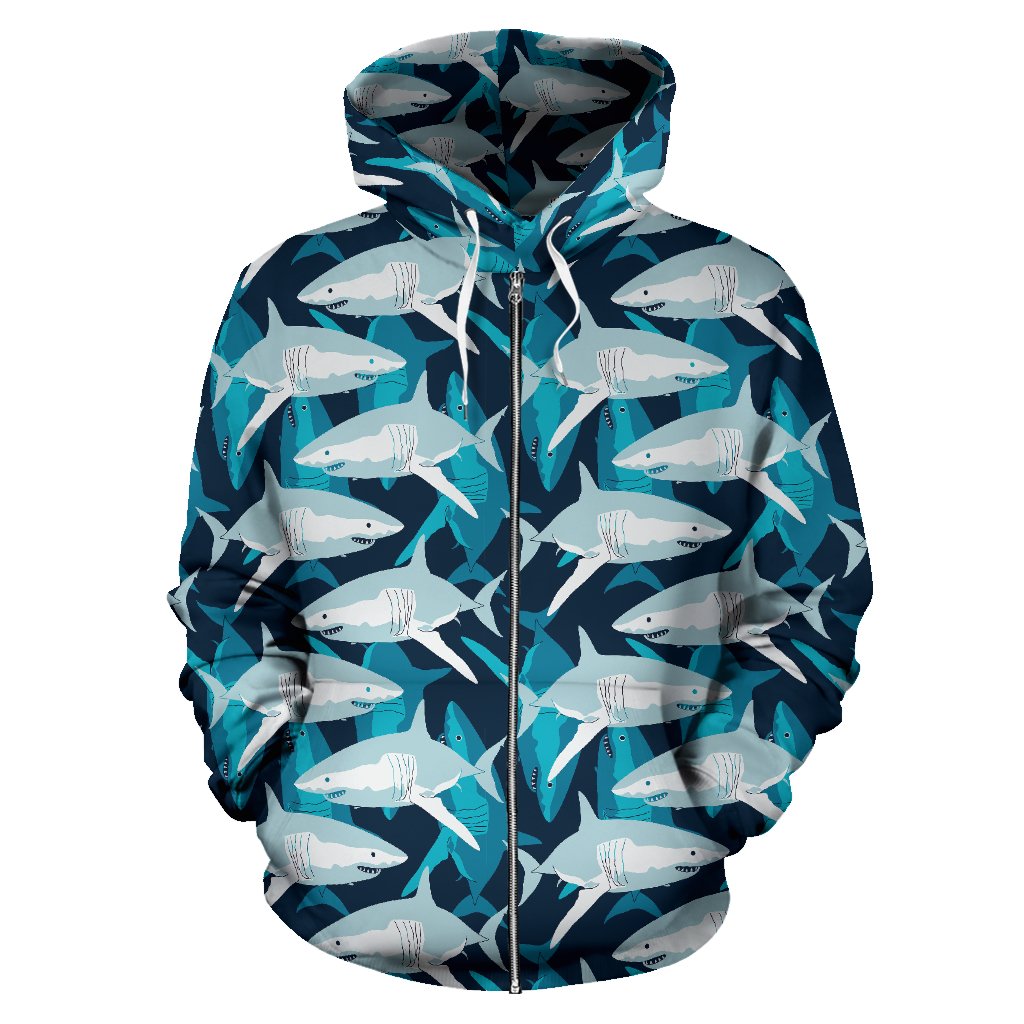 Shark Design Print Zip Up Hoodie