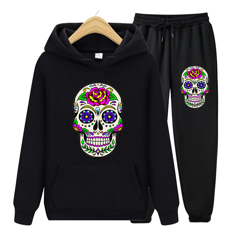 Women Halloween Skull Kawaii Graphic Fashion Pullover Hoodies Korean Sweatshirt Long Pants Winter Two Piece Set Black Tracksuit alx