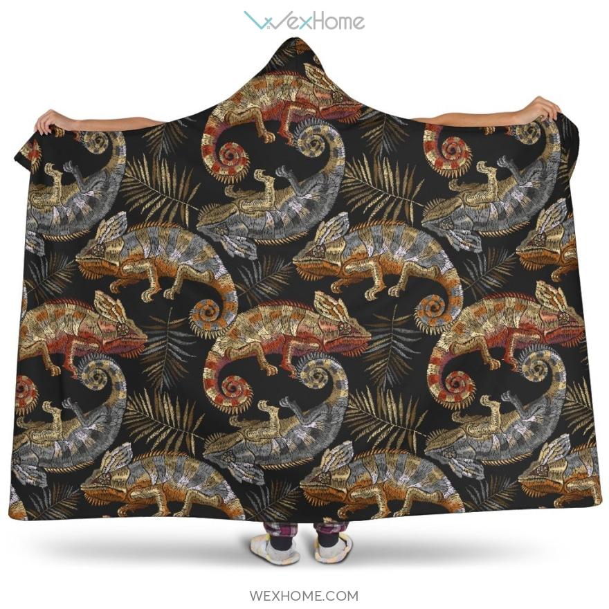 Chameleon Lizard Tropical Leaves Palm Tree Hooded Blanket