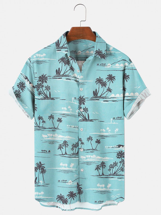 Mens Hawaii Shirt Blue Palm Tree Casual Shirts Tops Ha98095