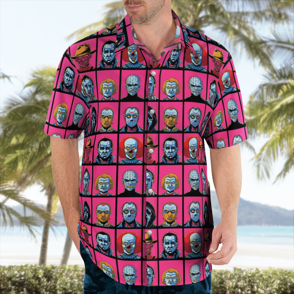 Horror Characters Face Frame All Over Print Hawaii Shirt Pink Ha92369