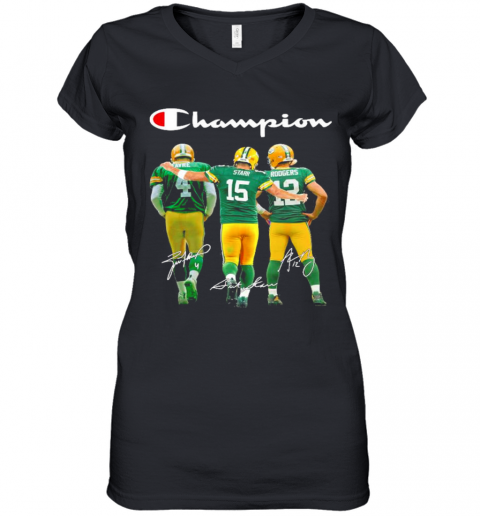 Green Bay Packers Favre Starr Rodgers Champions Signatures Women’S V-Neck T-Shirt