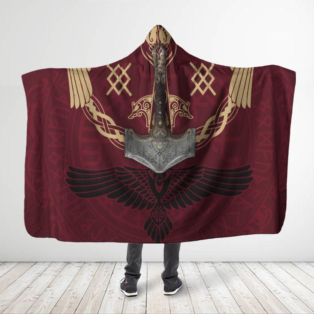 ViticStore™ 3D All Over Printed Viking Hammer And Raven – Brick Hooded Blanket