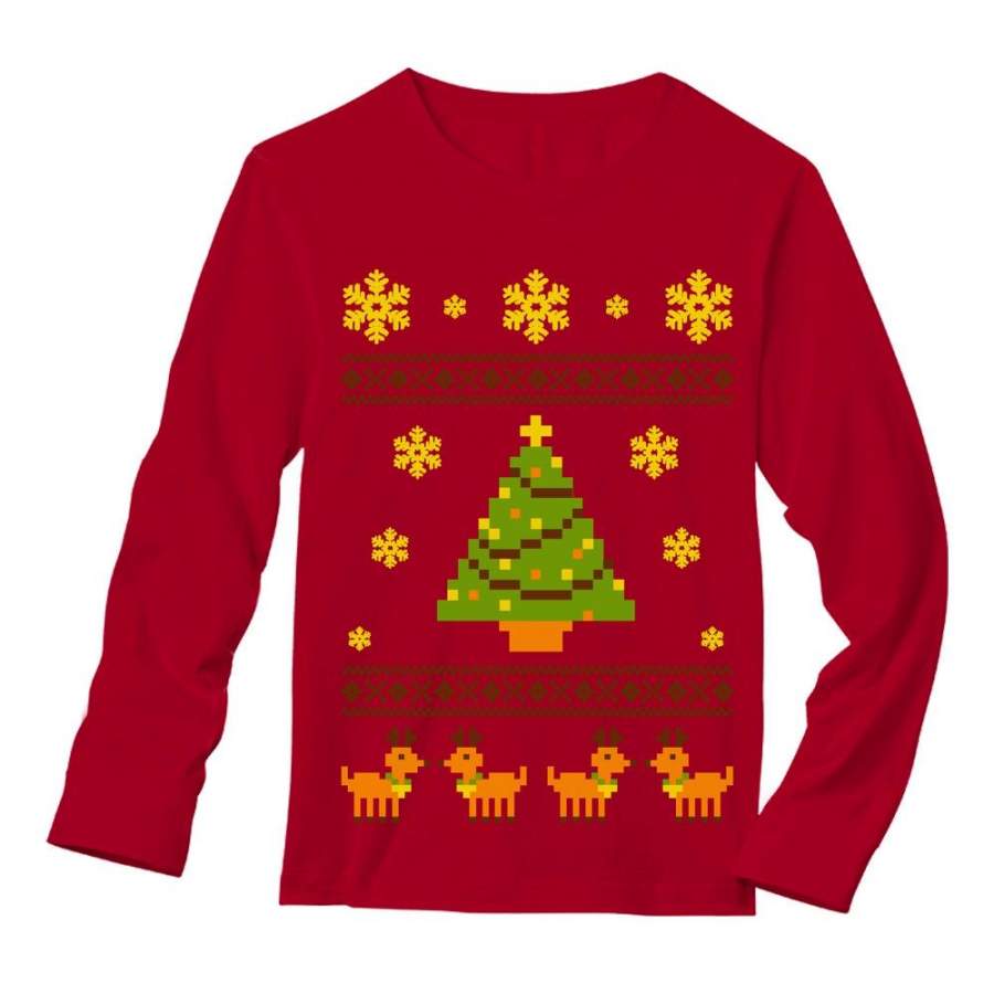 Ugly Christmas Sweater Reindeer & Xmas Tree Long Sleeve T-Shirt