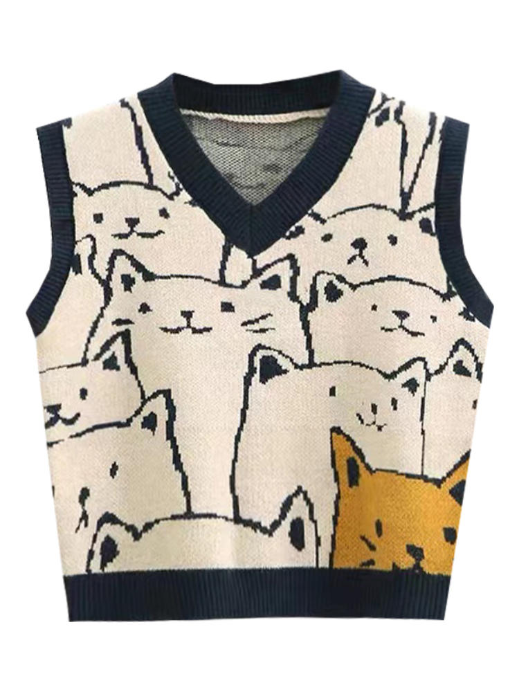 Vintage Sweater Vest Knitted Top Cat Kawaii Gray Sleeveless Bear Preppy Style Y2k O-Neck Spring Autumn Korean Waistcoat Jumpers alx