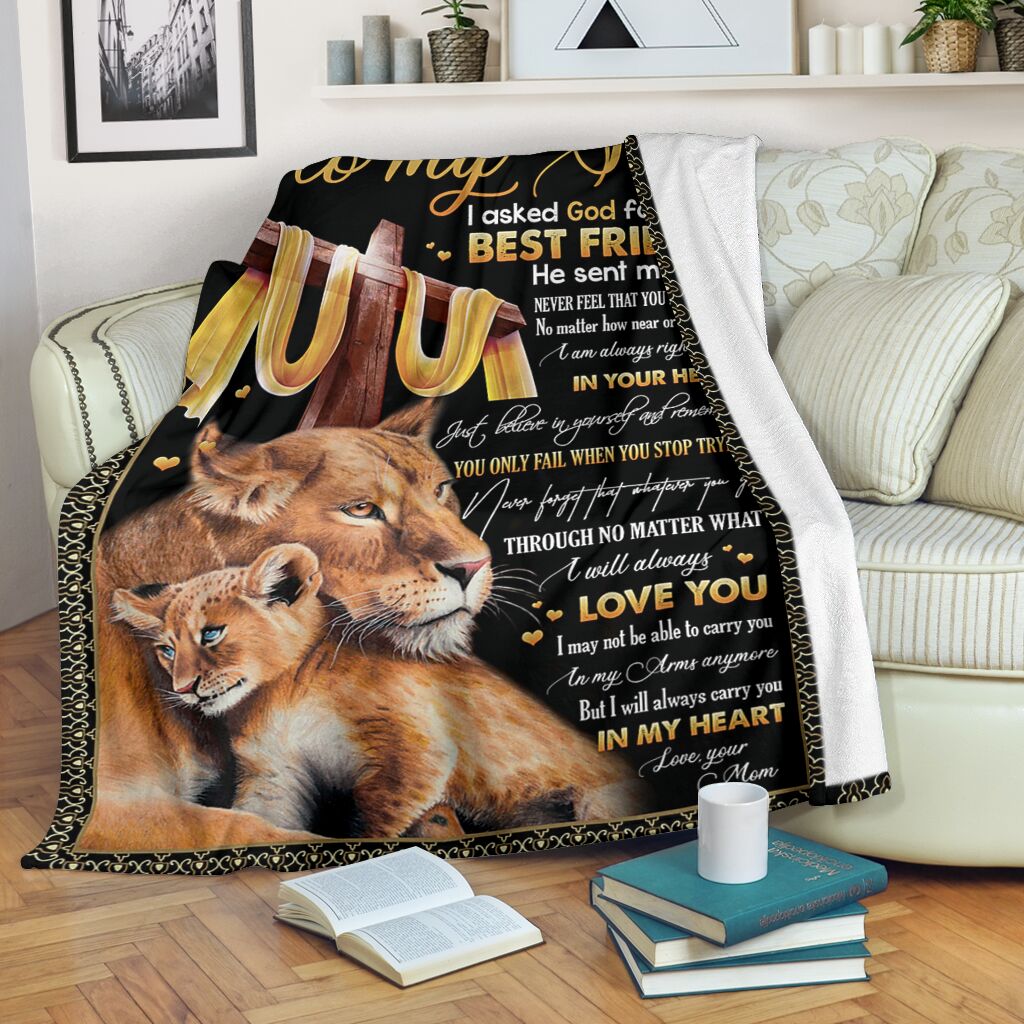 To My Son Lion & God Fleece Blanket, I Asked God For A Best Friend Gift For Son From Mom Birthday Gift Home Decor Bedding Couch Sofa Soft And Comfy Cozy