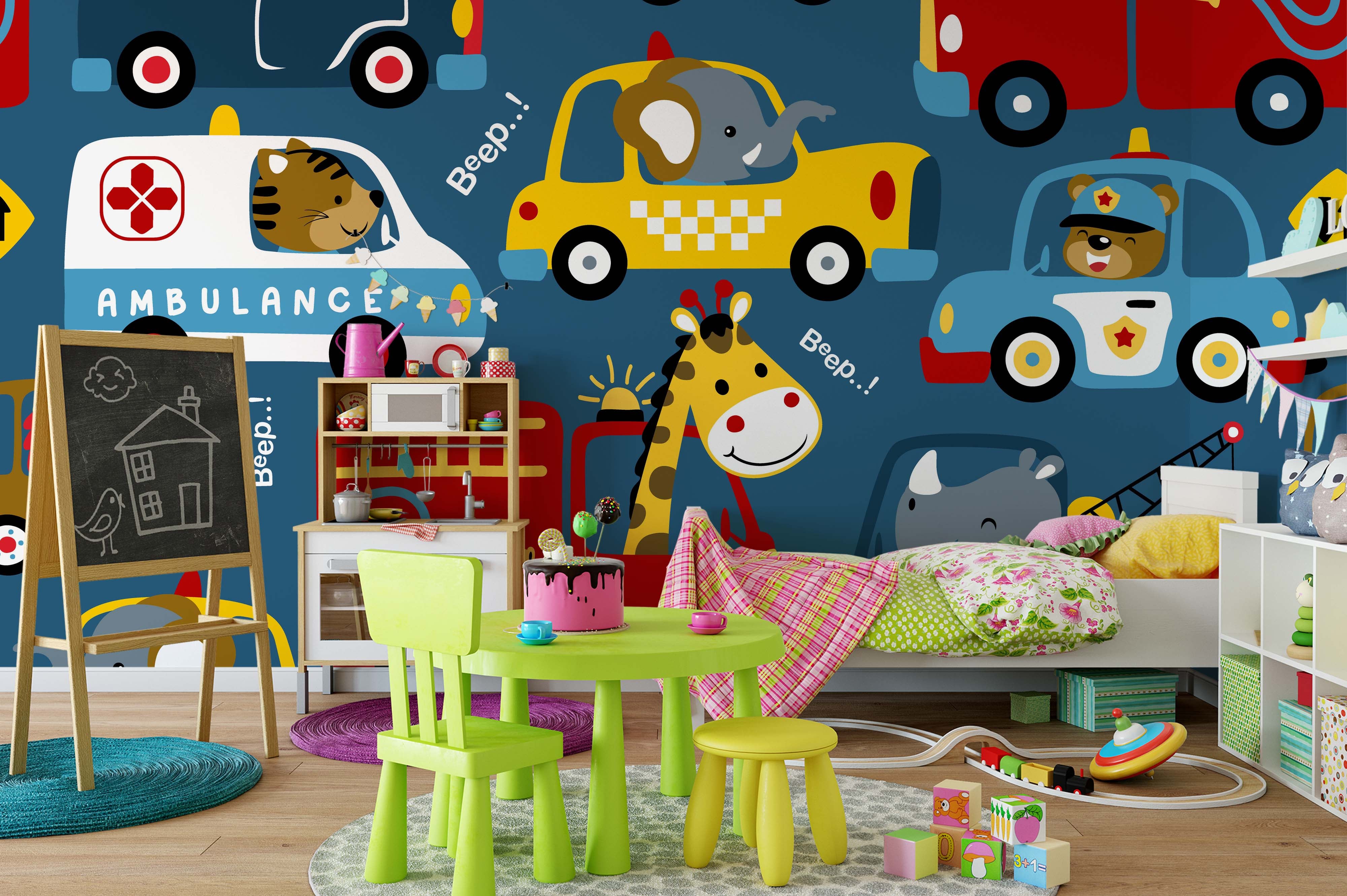 3D Cartoon Car Animals Wall Mural Wallpaper 39