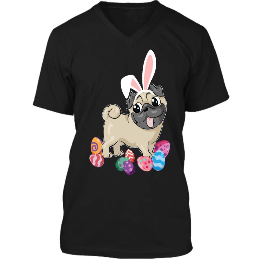 Cute Pug Dog With Bunny Hat Easter Eggs T-Shirt Happy Mens Printed V-Neck T