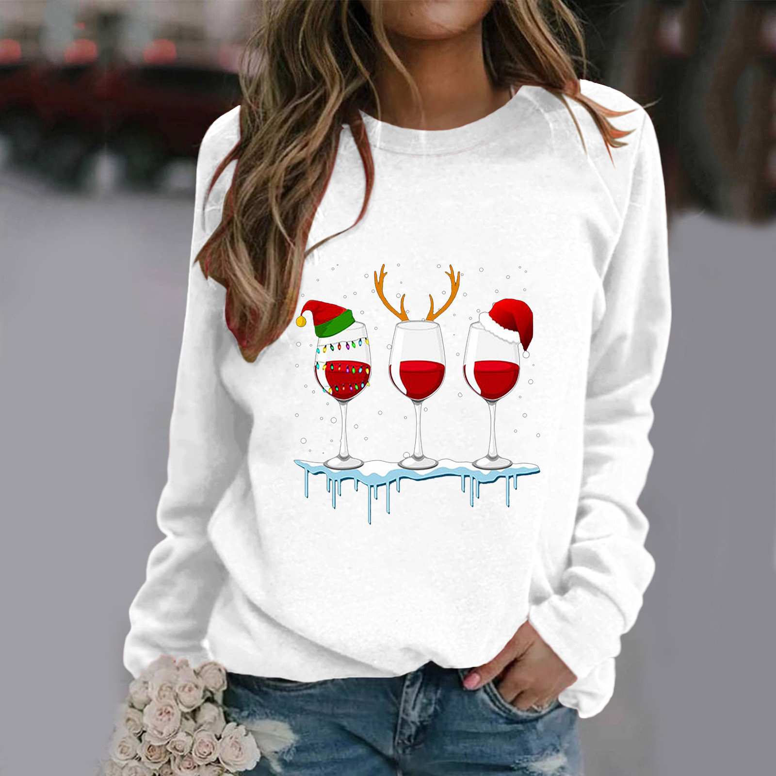 Women Wine Glass Christmas Hats Sweatshirts Christmas Xmas Gifts Cartoon Top Pullover Harajuku Fashion New Year Blouse Navidena alx