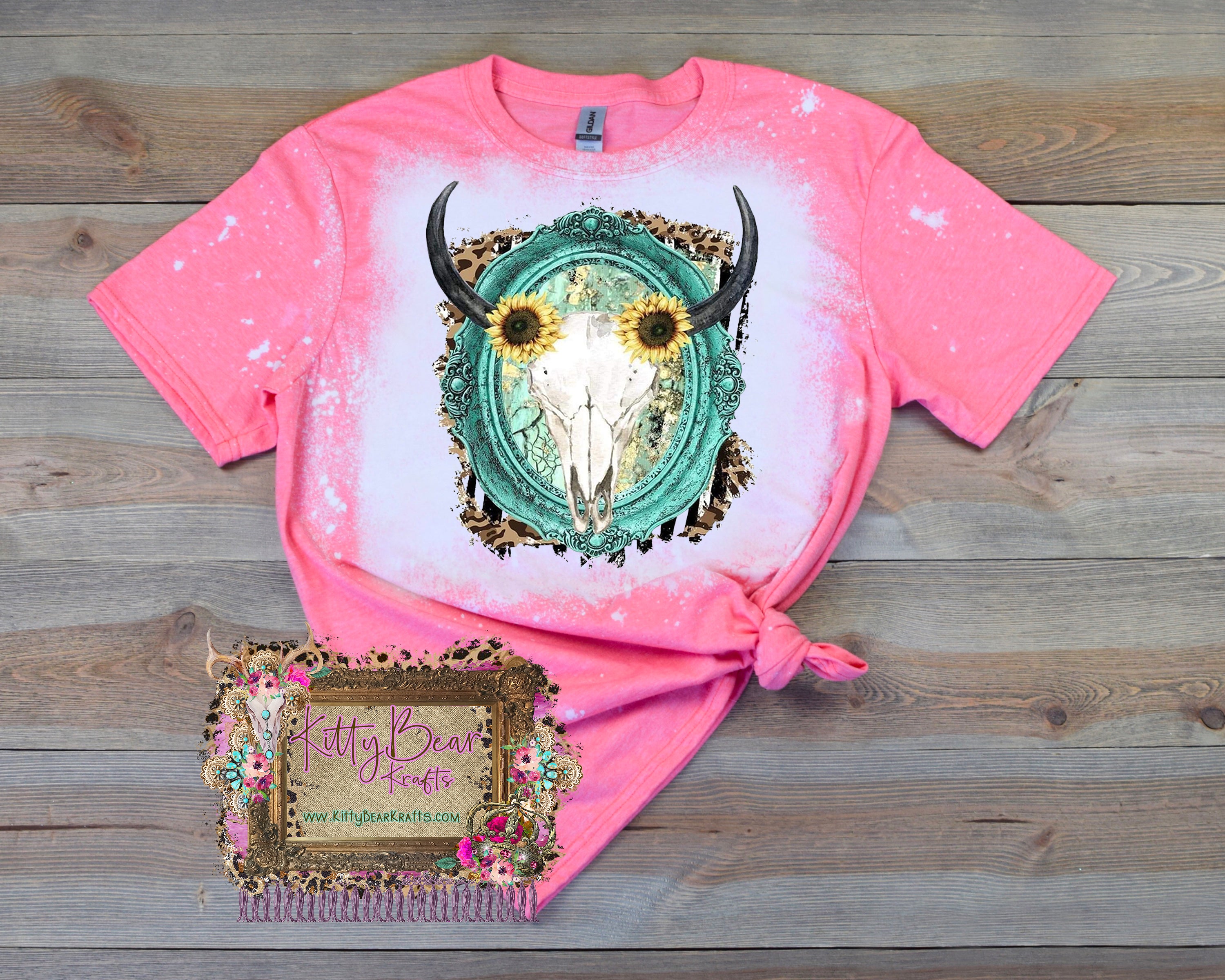 Bull Skull Native Floral Teal Leopard Frame Bleached Tee T-Shirt